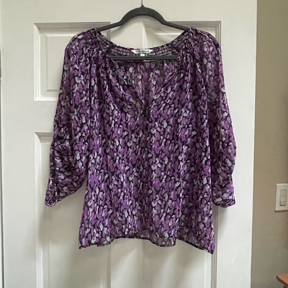 Croft & Barrow Purple Smocked 3/4 Sleeve Blouse